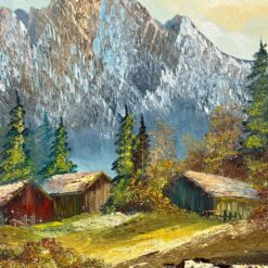 Aliejiniais dažais ant drobės tapytas kalnų peizažas mediniame rėme 5x92x52 cm