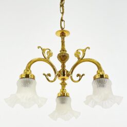 Žalvarinis trijų šakų sietynas su žiedo formos stiklo gaubtais 44x44x64 cm