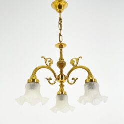 Žalvarinis trijų šakų sietynas su žiedo formos stiklo gaubtais 44x44x64 cm