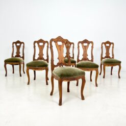 Ąžuolinės drožinėtos kėdės su žaliu veliūru 6 vnt. kompl. 51x49x105 cm, 52 cm