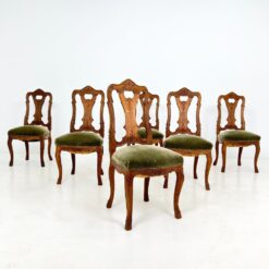 Ąžuolinės drožinėtos kėdės su žaliu veliūru 6 vnt. kompl. 51x49x105 cm, 52 cm