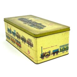 Vintažinė skardinė arbatos dėžė “Teekanne” su traukinių atvaizdais 19,5×38,5×14 cm