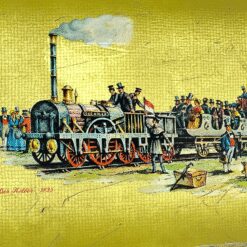 Vintažinė skardinė arbatos dėžė “Teekanne” su traukinių atvaizdais 19,5×38,5×14 cm