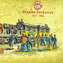 Vintažinė skardinė arbatos dėžė “Teekanne” su traukinių atvaizdais 19,5×38,5×14 cm