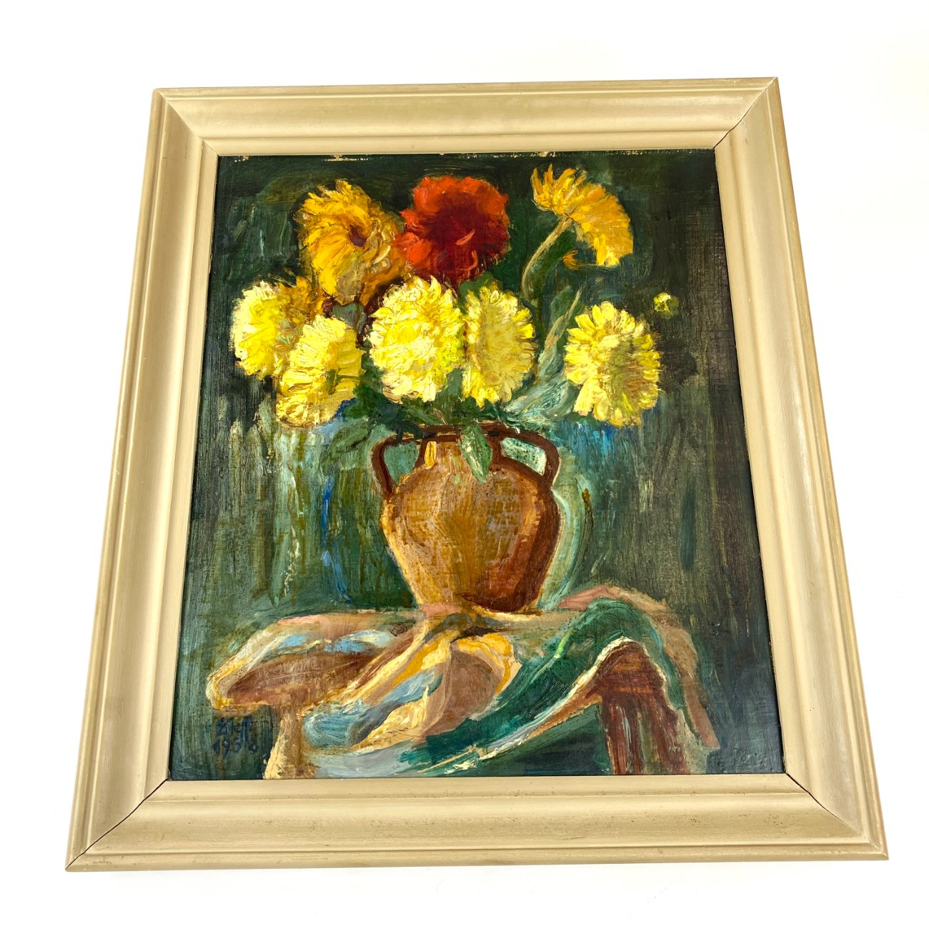 HN1807-natiurmortai-0 Gėlių natiurmortas mediniame pilkos spalvos rėme 4x57x66 cm