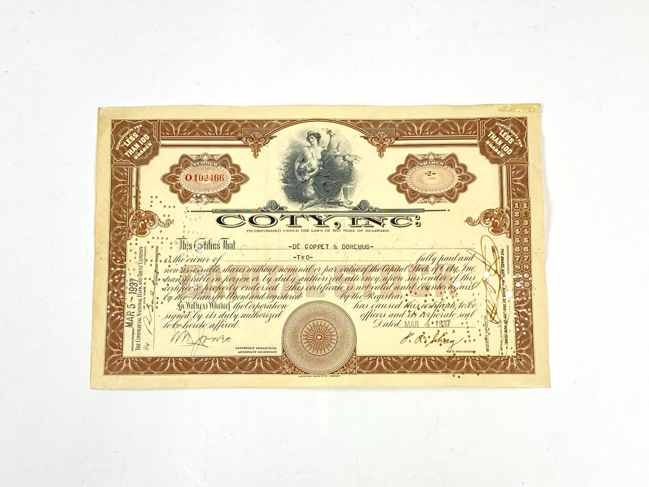 HN1830-kita-2 Coty, Inc 2 vnt. akcijų 1937 m. sertifikatas 0,1x28x18 cm