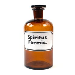 Vintažinis rudo stiklo medicininis butelys – grafinas “Spiritus Formic” 10,5x10,5x21 cm