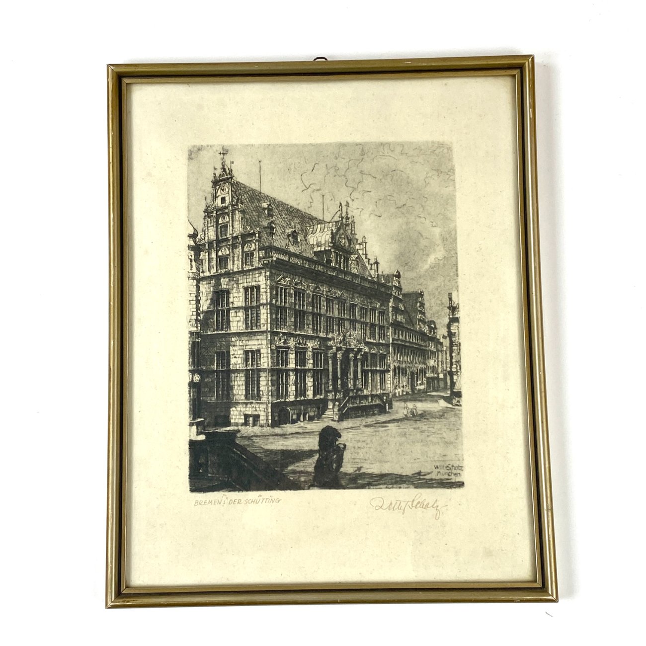 HN1896-grafika-ir-printai-0 Willy Scholz pasirašytas grafikos darbas “Bremen: Der Schütting” 1,5x24x30 cm