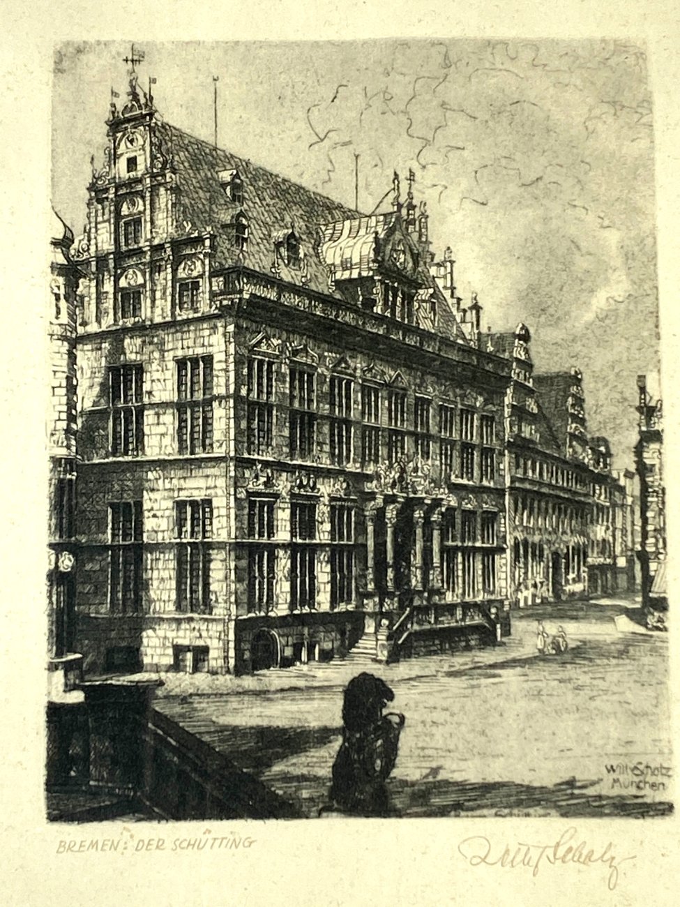 HN1896-grafika-ir-printai-5 Willy Scholz pasirašytas grafikos darbas “Bremen: Der Schütting” 1,5x24x30 cm