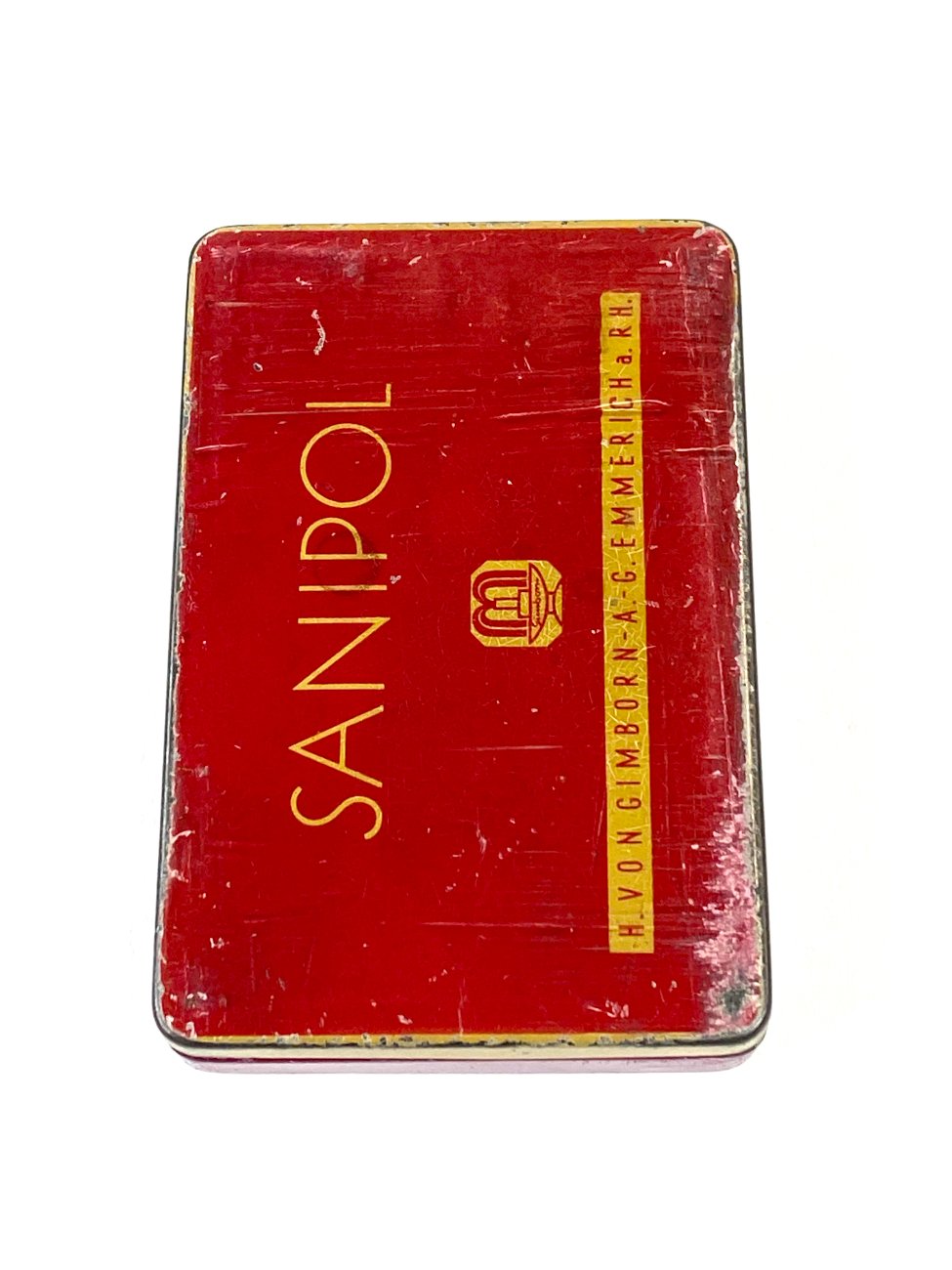 HN1931-kiti-indai-3 Vintažinė skardinė vaistų dėžutė “Sanipol” 7×10,5×2 cm