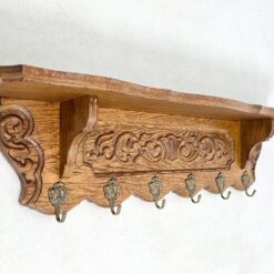 Ąžuolinė sieninė kabykla su šešiais žalvario kabliukais 18,5x100x26,5 cm