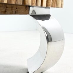 Bauhaus stiliaus staliukas medienos mozaikos ir stiklo stalviršiumi, chromuoto metalo kojomis 150x150x45 cm