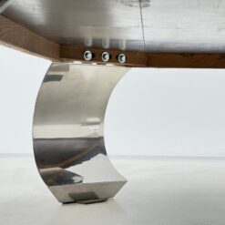 Bauhaus stiliaus staliukas medienos mozaikos ir stiklo stalviršiumi, chromuoto metalo kojomis 150x150x45 cm