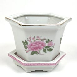 Keramikinis rytietiškas šešiakampis vazonėlis su lėkštute