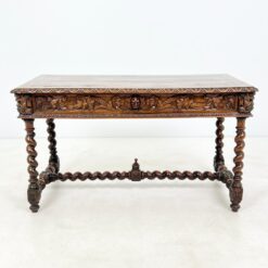 Senovinis, raižytas, ąžuolinis rašomasis stalas su stalčiumi 67x133x76 cm