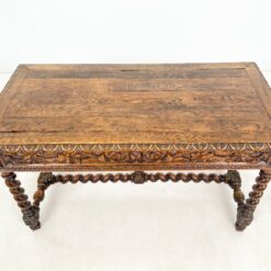 Senovinis, raižytas, ąžuolinis rašomasis stalas su stalčiumi 67x133x76 cm