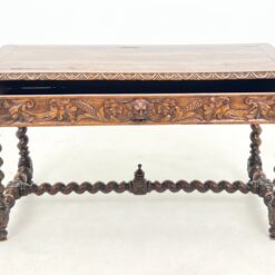 Senovinis, raižytas, ąžuolinis rašomasis stalas su stalčiumi 67x133x76 cm