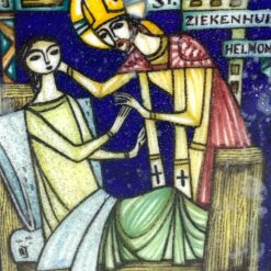 Ikona: Šv. Lambertas guodžia ligonius. Žalvaris, emalė, medis 2x13x14,5 cm