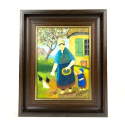 Ant drobės tapytas paveikslas “Moteris lesinanti vištas” mediniame rėme 5x27x33 cm