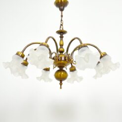 Pakabinamas žalvario aštuonių šakų sietynas su stiklo gaubtais 78x78x71 cm