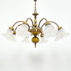 Pakabinamas žalvario aštuonių šakų sietynas su stiklo gaubtais 78x78x71 cm