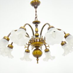 Pakabinamas žalvario aštuonių šakų sietynas su stiklo gaubtais 78x78x71 cm