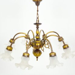 Pakabinamas žalvario aštuonių šakų sietynas su stiklo gaubtais 78x78x71 cm