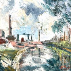 Ant drobės aliejiniais dažais tapytas miesto peizažas mediniame rėme 4,5×57,5×47,5 cm