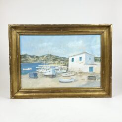 Ant popieriaus guašu tapytas Viduržemio jūros uostelio peizažas 5×61,5×44,5 cm