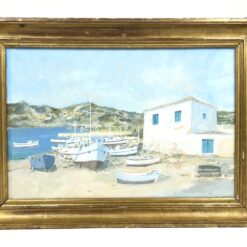 Ant popieriaus guašu tapytas Viduržemio jūros uostelio peizažas 5×61,5×44,5 cm