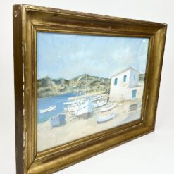 Ant popieriaus guašu tapytas Viduržemio jūros uostelio peizažas 5×61,5×44,5 cm