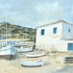 Ant popieriaus guašu tapytas Viduržemio jūros uostelio peizažas 5×61,5×44,5 cm