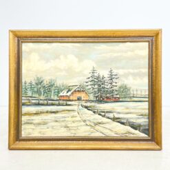 Ant faneros tapytas žiemos peizažas su trobele mediniame rėme 4x95x76 cm