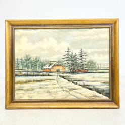 Ant faneros tapytas žiemos peizažas su trobele mediniame rėme 4x95x76 cm