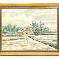 Ant faneros tapytas žiemos peizažas su trobele mediniame rėme 4x95x76 cm