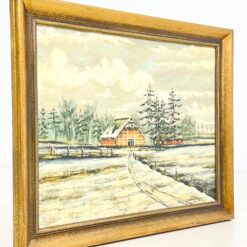 Ant faneros tapytas žiemos peizažas su trobele mediniame rėme 4x95x76 cm