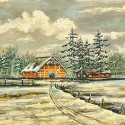 Ant faneros tapytas žiemos peizažas su trobele mediniame rėme 4x95x76 cm