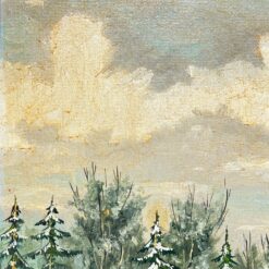 Ant faneros tapytas žiemos peizažas su trobele mediniame rėme 4x95x76 cm