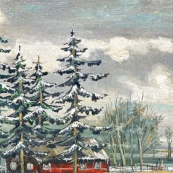 Ant faneros tapytas žiemos peizažas su trobele mediniame rėme 4x95x76 cm