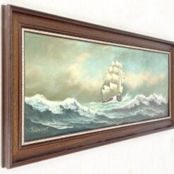 Aliejiniais dažais ant drobės tapytas paveikslas “Laivas audroje” su mediniu rėmu 6×114,5×54,5 cm