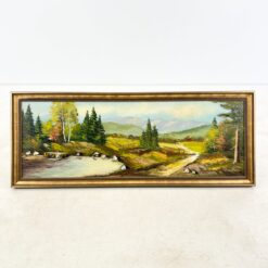 Aliejiniais dažais ant drobės tapytas kalnų gamtos peizažas su mediniu rėmu 4,5x106,5x42 cm