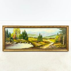 Aliejiniais dažais ant drobės tapytas kalnų gamtos peizažas su mediniu rėmu 4,5×106,5×42 cm