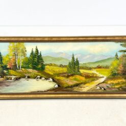 Aliejiniais dažais ant drobės tapytas kalnų gamtos peizažas su mediniu rėmu 4,5×106,5×42 cm