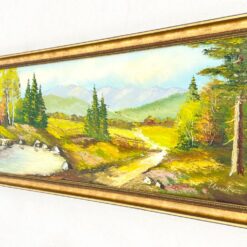 Aliejiniais dažais ant drobės tapytas kalnų gamtos peizažas su mediniu rėmu 4,5×106,5×42 cm