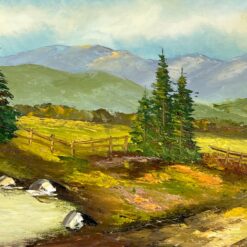 Aliejiniais dažais ant drobės tapytas kalnų gamtos peizažas su mediniu rėmu 4,5×106,5×42 cm