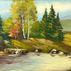 Aliejiniais dažais ant drobės tapytas kalnų gamtos peizažas su mediniu rėmu 4,5×106,5×42 cm