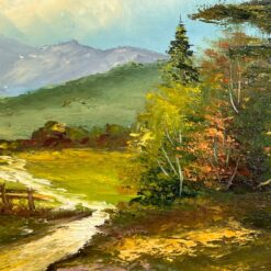 Aliejiniais dažais ant drobės tapytas kalnų gamtos peizažas su mediniu rėmu 4,5×106,5×42 cm