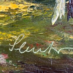 Aliejiniais dažais ant drobės tapytas kalnų gamtos peizažas su mediniu rėmu 4,5×106,5×42 cm