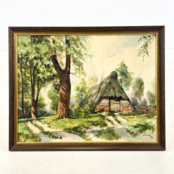 Ant popieriaus akvarele tapytas miško trobelės peizažas mediniame rėme su stiklu 2,5x61x48 cm