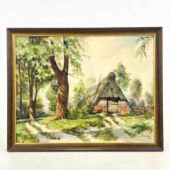 Ant popieriaus akvarele tapytas miško trobelės peizažas mediniame rėme su stiklu 2,5x61x48 cm